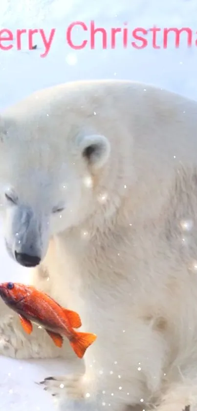 Polar bear with fish in snowy Christmas setting.
