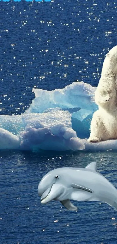 Polar bear on ice with dolphin in blue ocean.