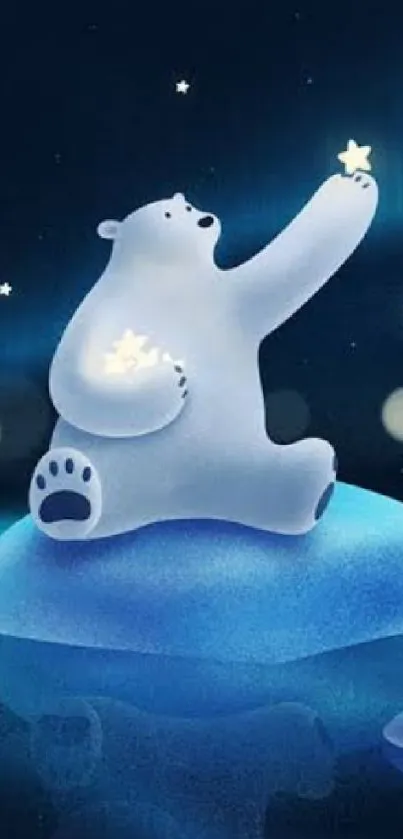 Whimsical polar bear under stars on an iceberg wallpaper.