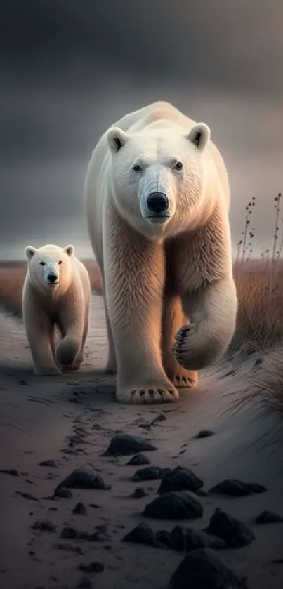 Polar bear and cub stroll through serene icy landscape.