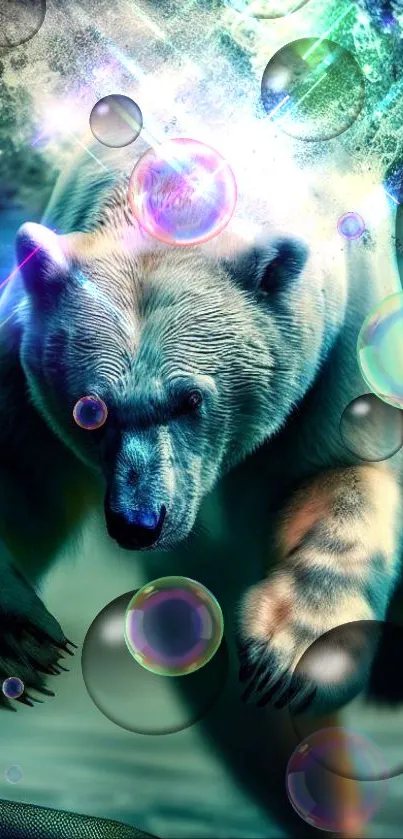 Surreal polar bear art with bubbles and vibrant aqua hues.