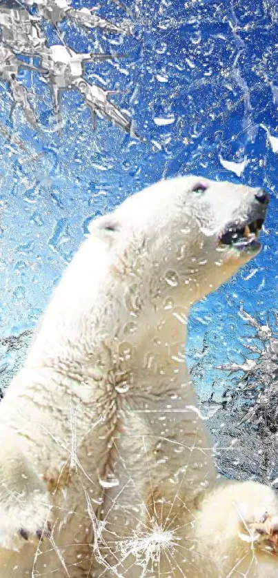 Polar bear in icy landscape with blue sky.