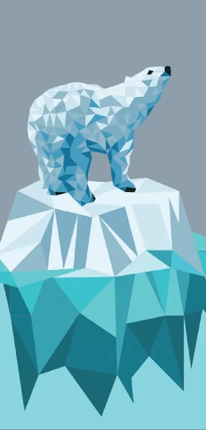 Geometric polar bear standing on iceberg with icy blue background.