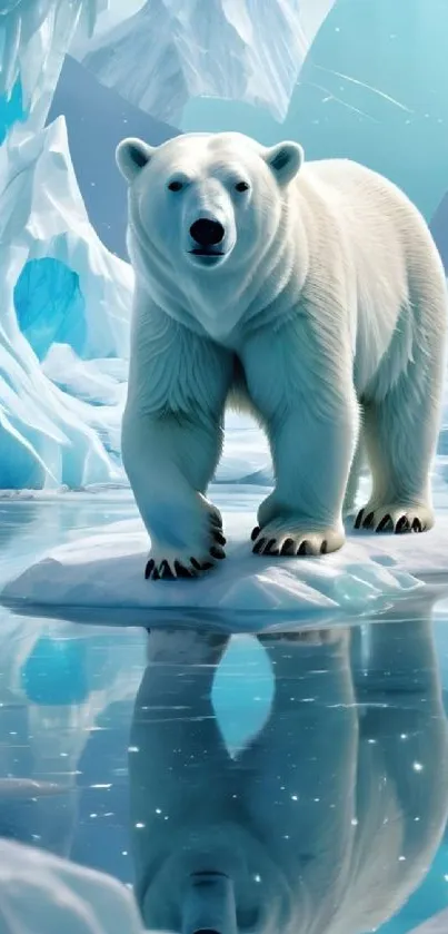 Polar bear standing on ice with blue reflections.