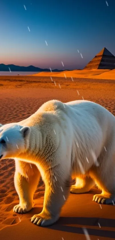 Polar bear standing in a glowing desert sunset.