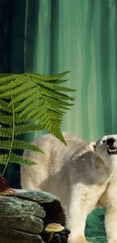 Polar bear in a mystical green forest with lush foliage.