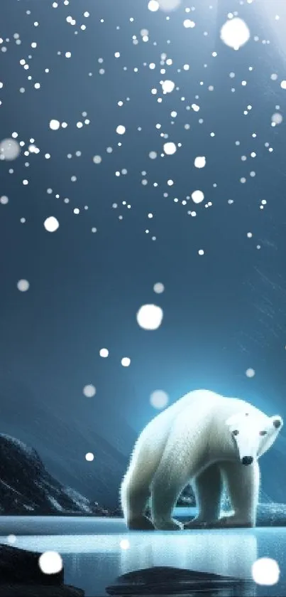 Polar bear standing in a mystical, ice-covered landscape with cool blue tones.