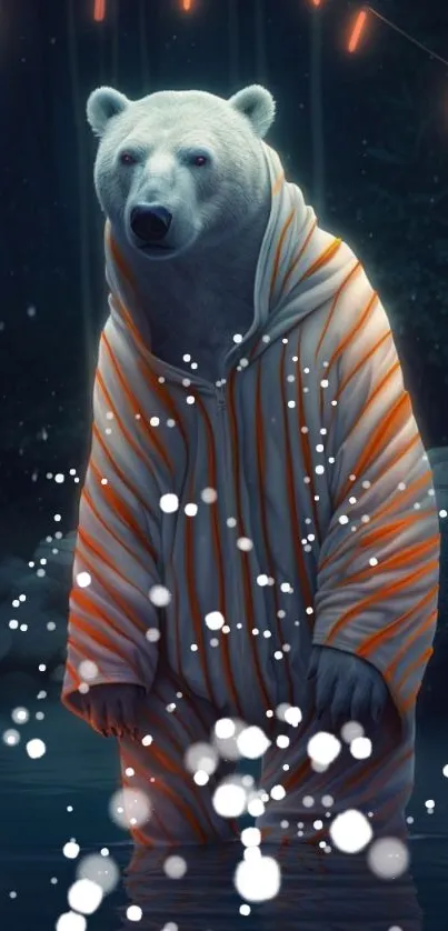 Polar bear in a striped robe standing at night in a whimsical setting.