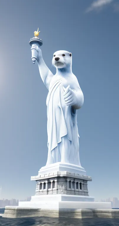 Polar bear statue as Liberty in urban skyline, blue sky, and ocean view.