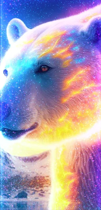 Vibrant polar bear glowing with cosmic light in arctic setting.