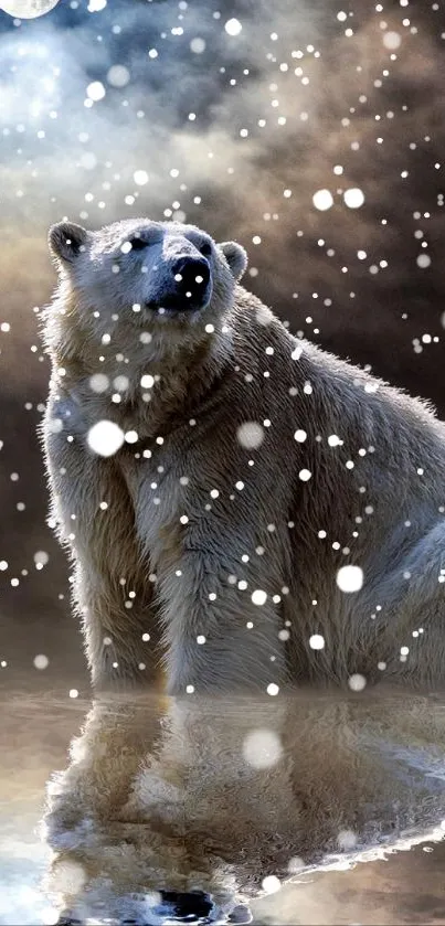 Polar bear under moonlight reflecting in water.