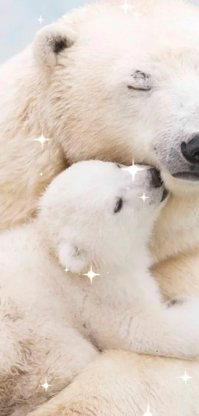 Polar bear mother lovingly holds her cub in a snowy embrace, perfect for mobile wallpaper.