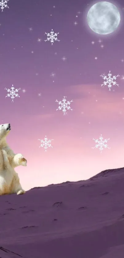 Polar bear under a starry sky with snowflakes and a full moon.