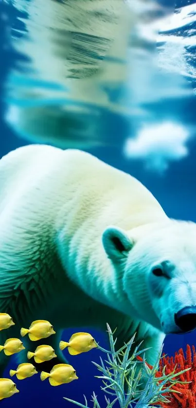 Polar bear swimming with yellow fish in ocean.