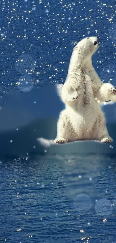 Polar bear resting on an iceberg in the blue ocean, sparkling under the sun.