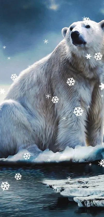 Polar bear sits on ice floe in Arctic scene.