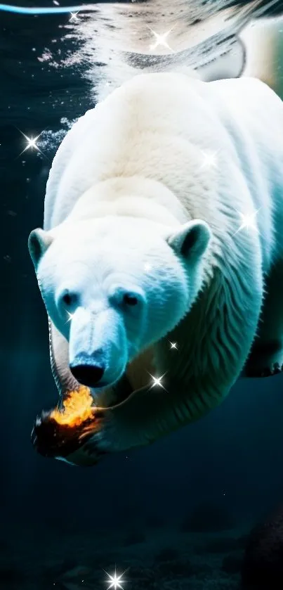 Polar bear swimming gracefully underwater, icy blue hues dominate.