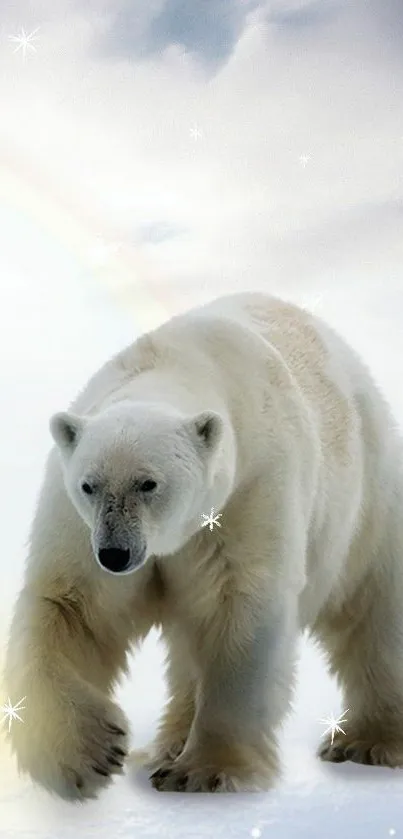 Polar bear walking through snowy winter landscape, with a lantern nearby.