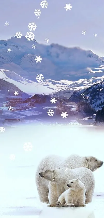 Polar bears in snowy mountain landscape with snowflakes.