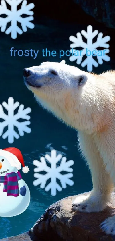 Polar bear with snowflakes in a winter wonderland.
