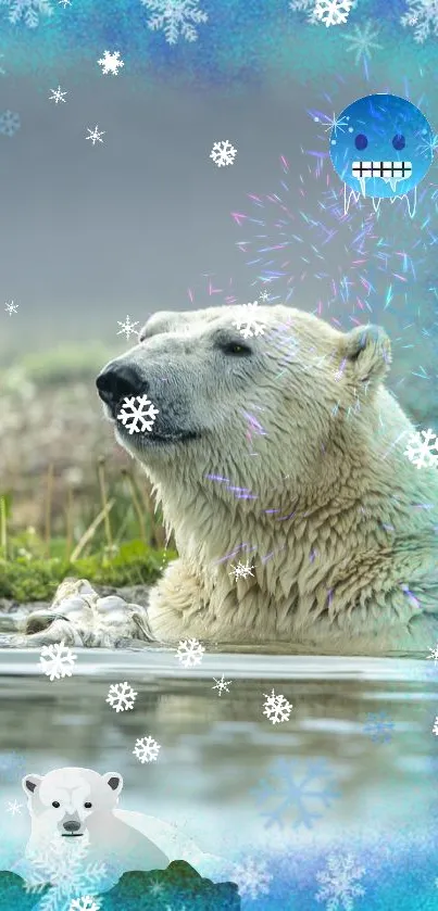 Polar bear in serene snowflake-filled winter scene.