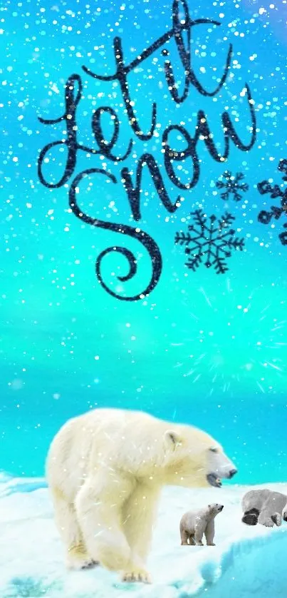 Polar bear with 'Let it Snow' text over cyan and blue snowflakes.