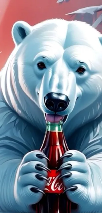 Polar bear holding a soda bottle artwork.