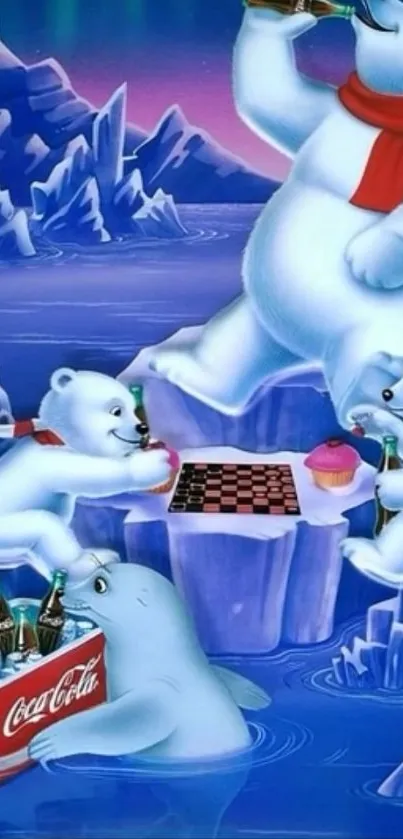 Playful polar bears enjoy a colorful, icy scene with drinks and fun.