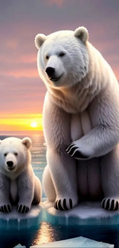 Polar bears on ice with a sunset background, showcasing Arctic wildlife.