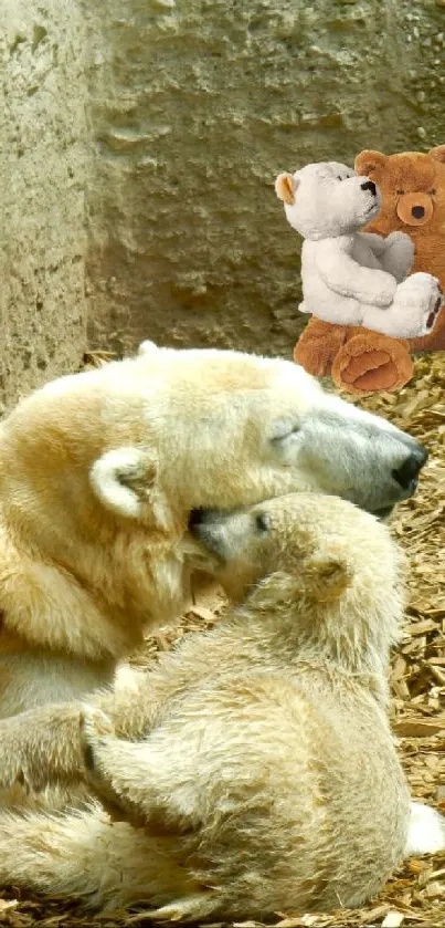 Polar bears cuddling on wood chips with teddy bears in the background.