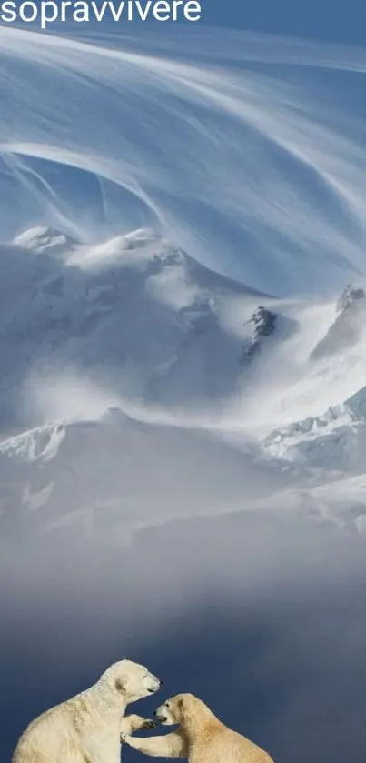 Polar bears on a snowy mountain background.