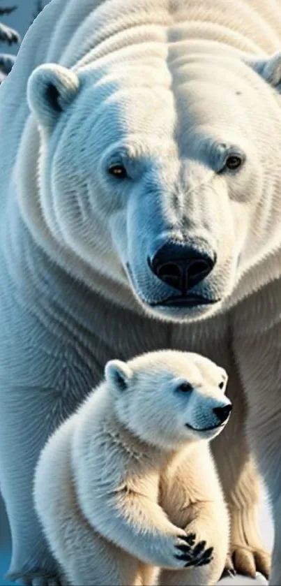 Polar bear with cub in snowy Arctic landscape, mobile wallpaper.