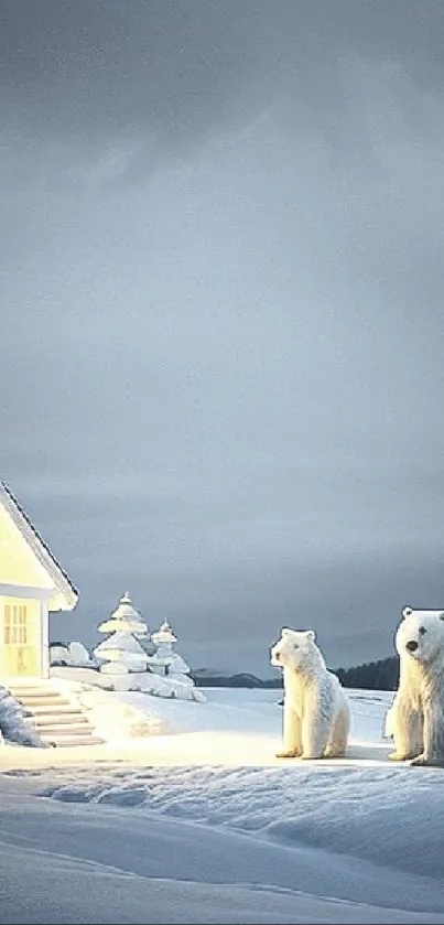 Polar bears outside a snowy cabin at dawn.