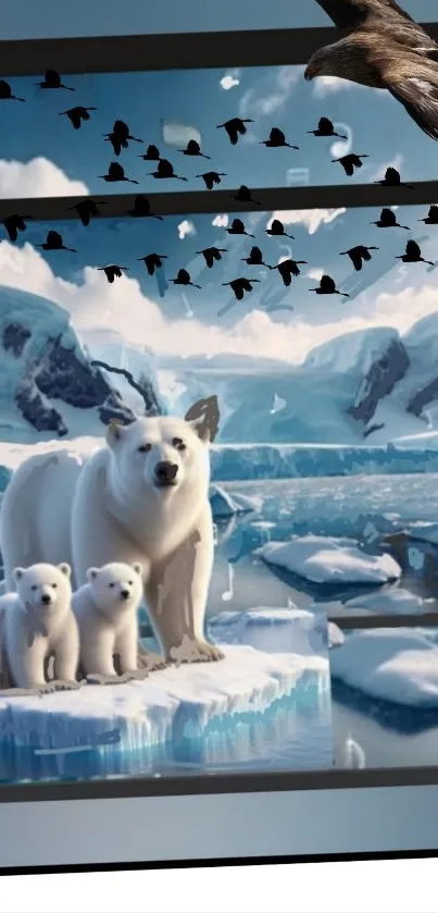 Polar bears on ice surrounded by Arctic birds in a picturesque winter scene.