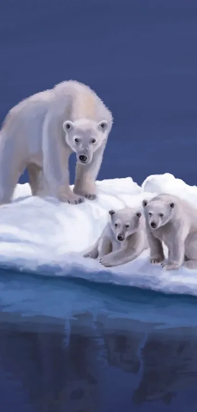 Polar bears resting on an ice floe in a deep blue ocean.