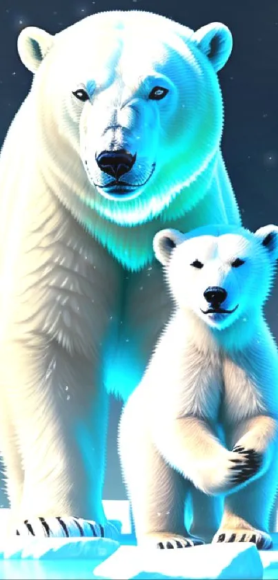 Polar bear family on ice in blue gradient background.