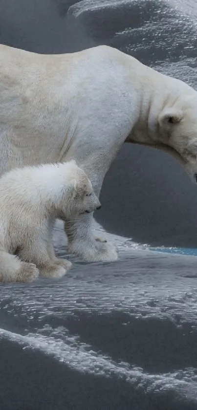 Polar bear and cub on icy blue iceberg wallpaper.