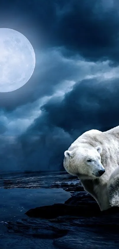 Polar bears under a full moonlit sky.