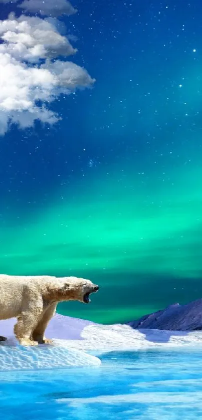 Polar bears under Northern Lights in an icy arctic landscape.