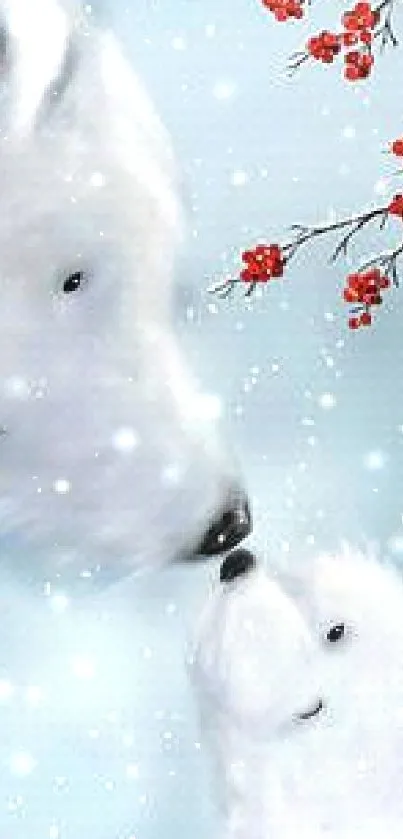 Polar bears touching noses amidst snow on a light blue background with red berries.