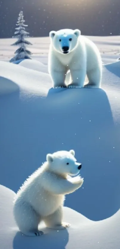 Two polar bears on snowy hills under soft sunlight.