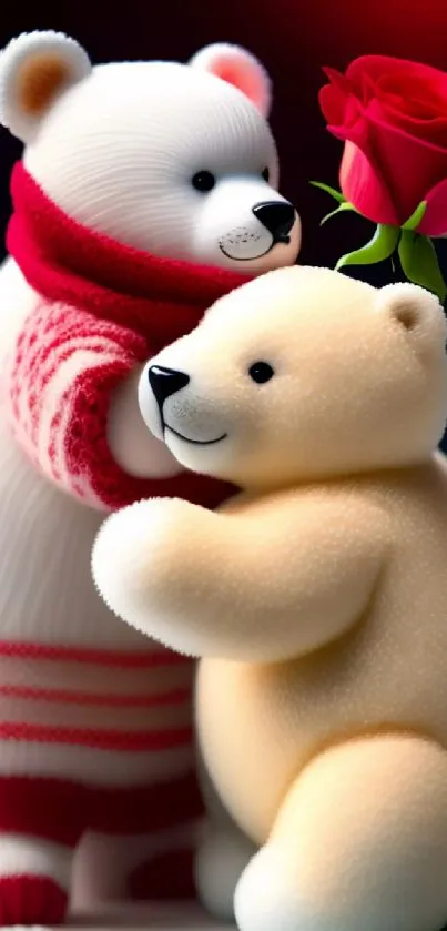 Polar bears cuddling with a red rose, ideal for love-themed wallpapers.