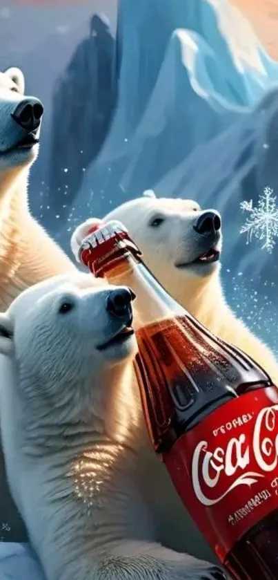 Polar bears with a soda bottle in a snowy scene.