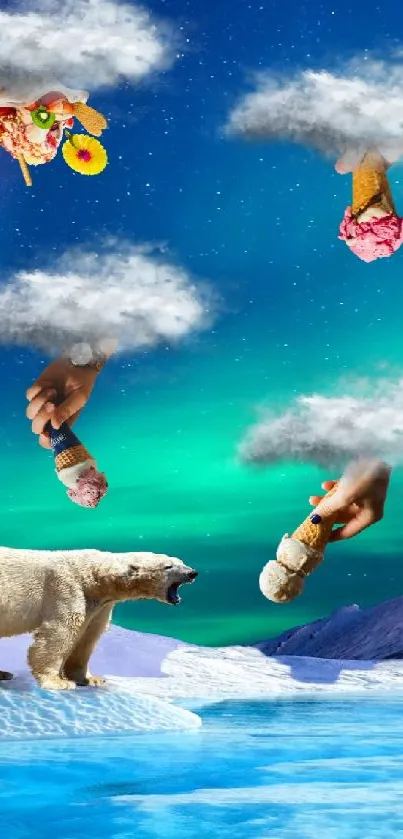 Polar bears under aurora sky with floating treats in surreal scene.