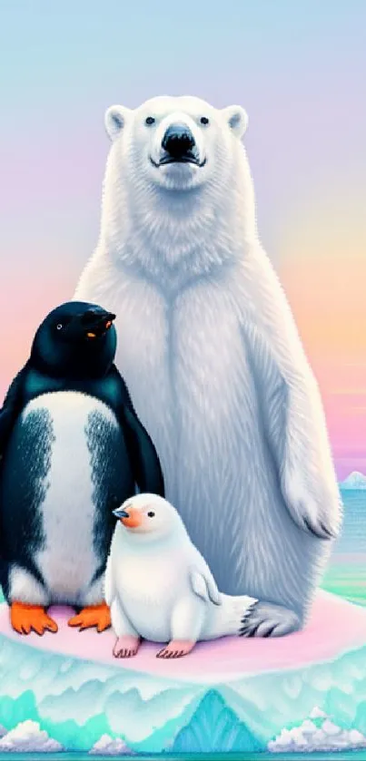 Polar bear with penguin and seagull on iceberg under a pastel sky.