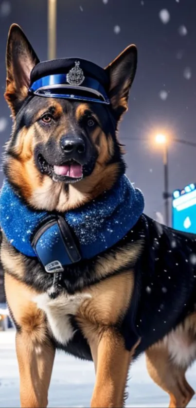 German Shepherd police dog in snow at night, wearing a blue collar and hat.