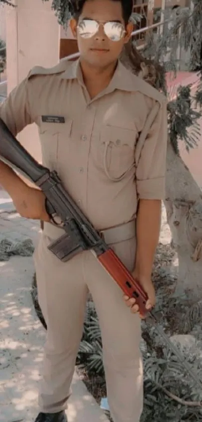 Police officer in uniform poses with firearm outdoors.