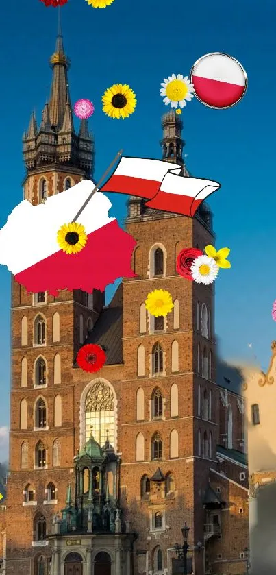 Krakow tower with Polish flags and flowers under a blue sky.