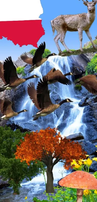 Polish nature with waterfall and wildlife on mobile wallpaper.