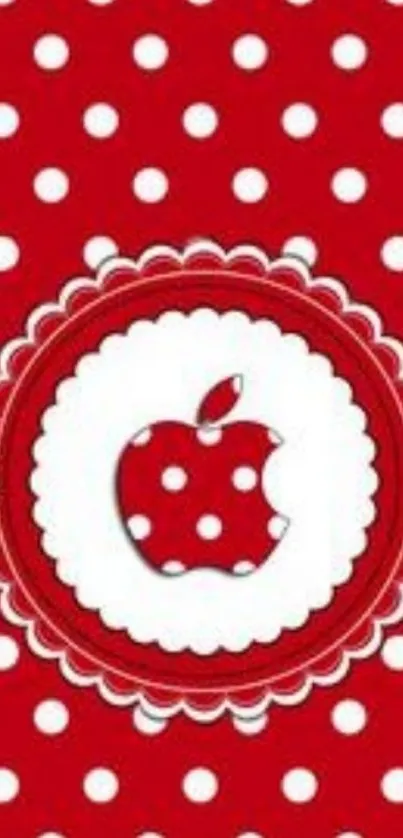 Red and white polka dot wallpaper featuring an apple design.